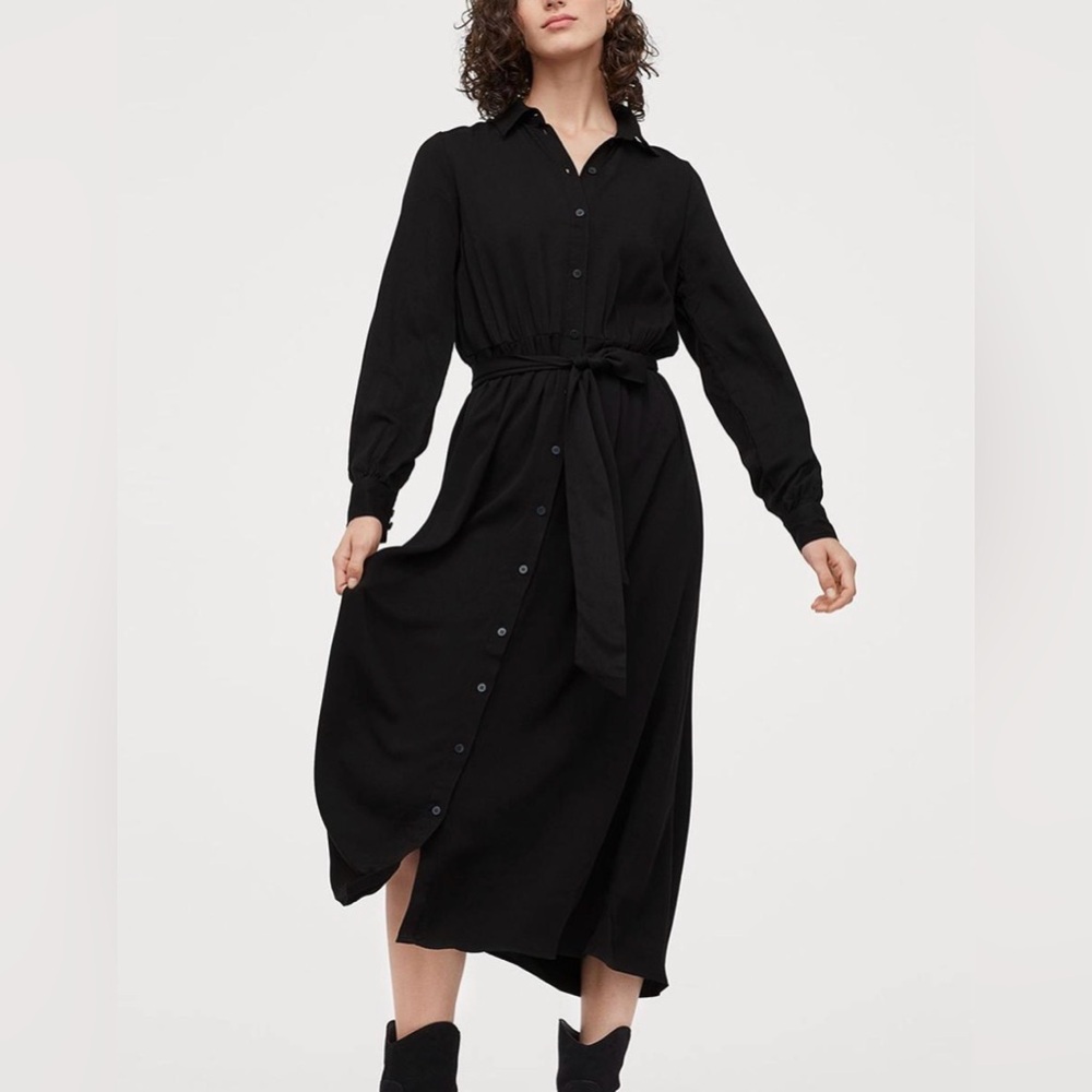 H&M Black Long-Sleeve Button Front Tie-Waist Maxi Dress